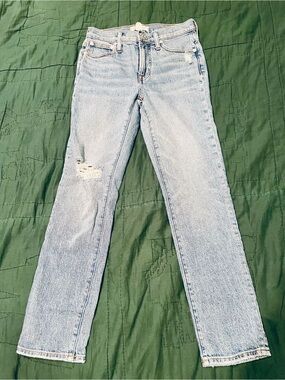 Madewell Fair Trade Distressed Light Blue Straight Leg Jeans.